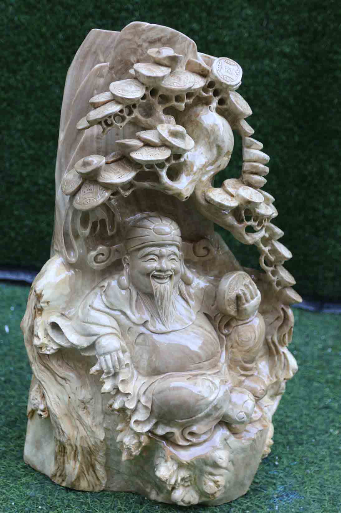 Thần Tài cao 60cm ngồi cây tiền gỗ nu nghiến